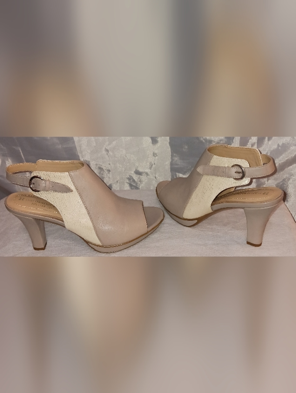 “Naturalizer” Beige & Cream Peep-Toe, Sling Back With 3” Heel- Size 7